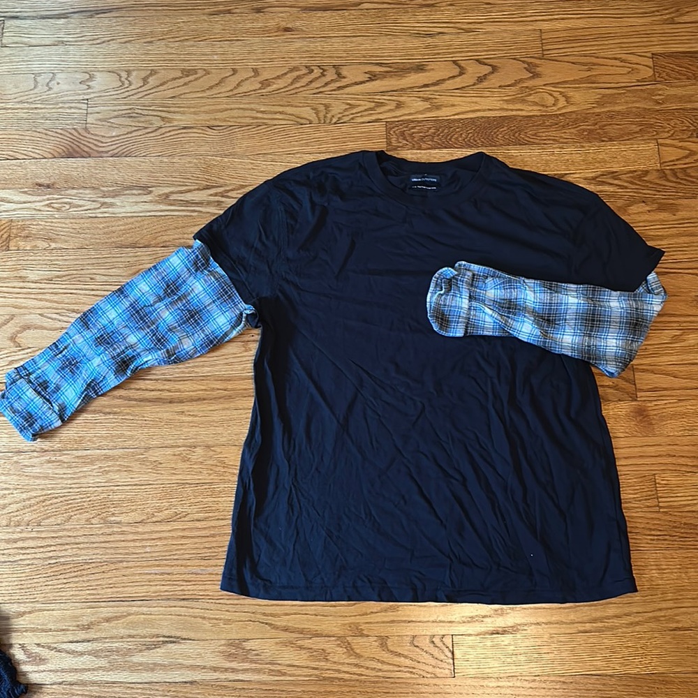 Urban Outfitters Black T Shirt with Flannel Sleeves